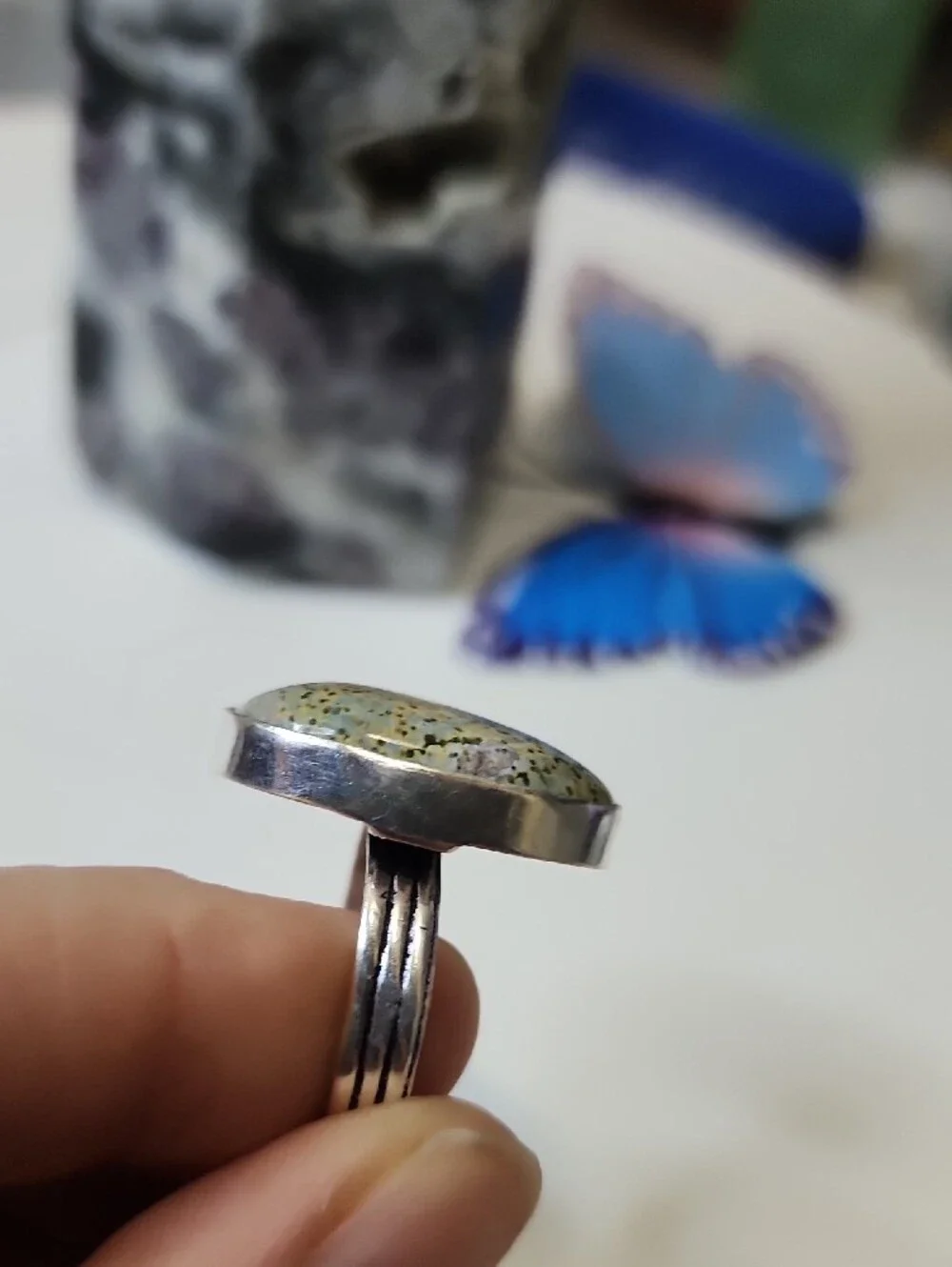 Handcrafted Ocean Jasper Statement Ring in Green and Cream